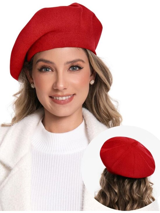 Women\'s French Style Double Layer Warm and Soft Knitted Beanie Hat Red